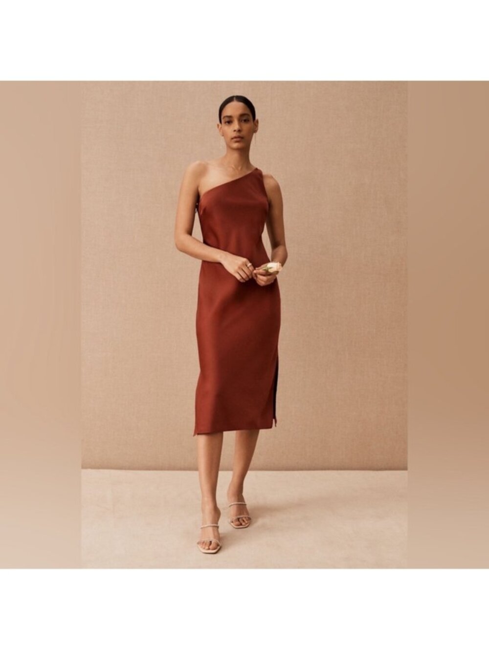 Anthropologie BHLDN Audrey One Shoulder Midi Dress Satiny Cinnamon Red Size 4 Wo